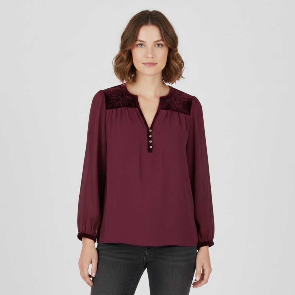 Love Riche Maroon Large Long Sleeve Floral Velvet Detail Plunge Neck Blouse EUC - Picture 1 of 14